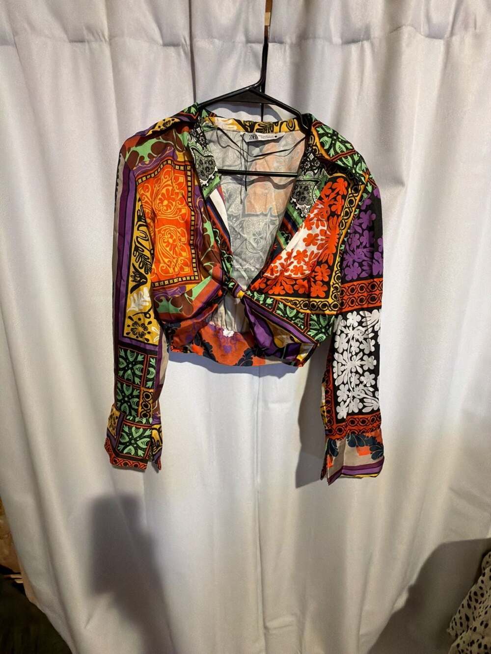 Zara Printed Knot Front Cropped Blouse Size XS Multicolor Scarf Print